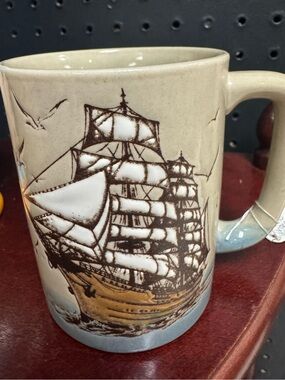 Vintage Otagiri Stoneware Mug Raised Handpainted Nautical Sailing Ship Tan Blue